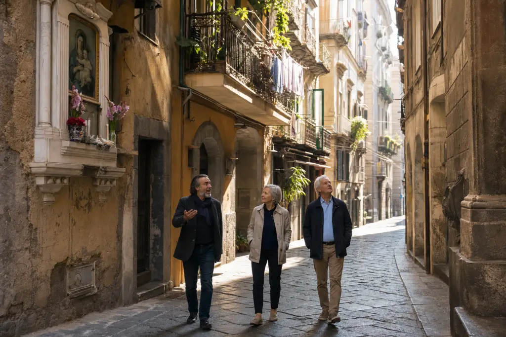 Local historian walking with two travelers through a layered street in historic Naples