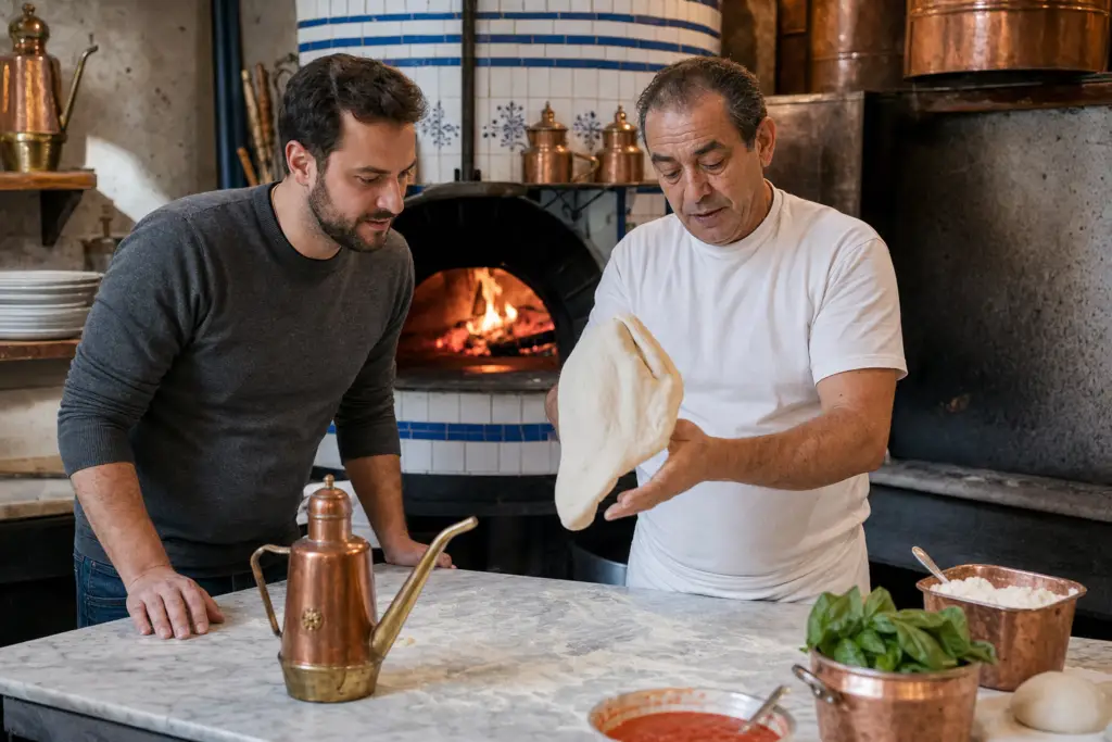 Neapolitan pizzaiuolo showing an adult guest how dough is shaped beside a wood-fired oven