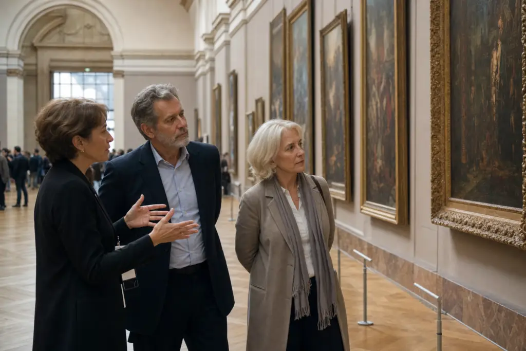 Art historian speaking with two travelers inside a Louvre gallery during public hours