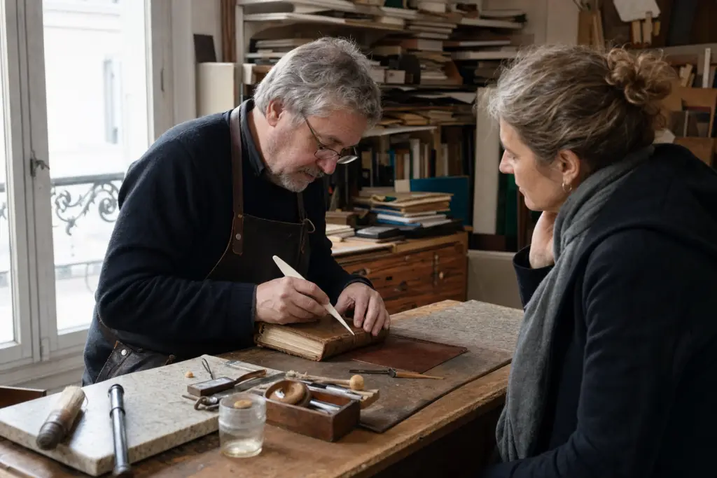 Paris bookbinder restoring a leather-bound volume while a guest observes