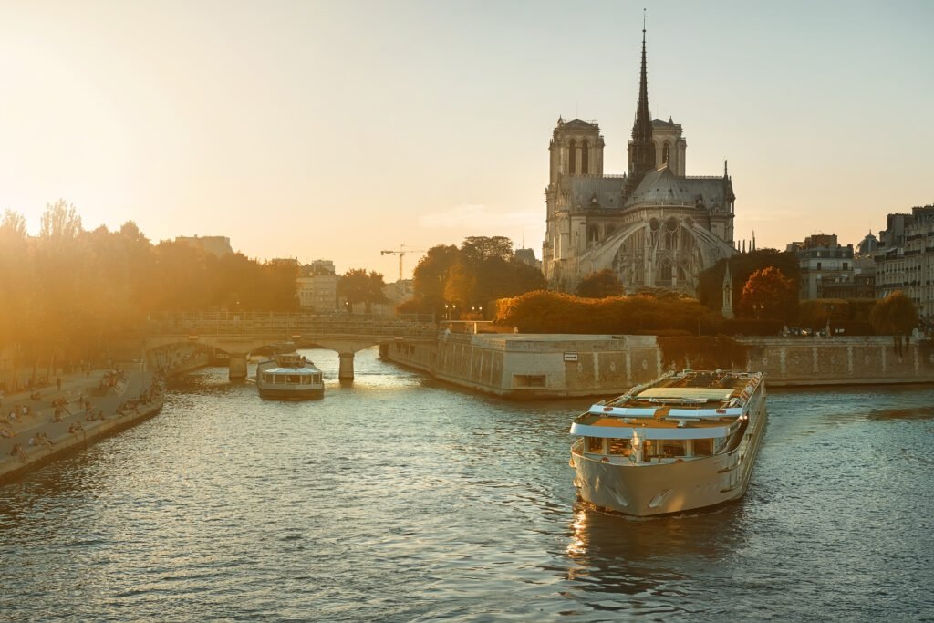 Small boat on the Seine near Notre Dame in Paris