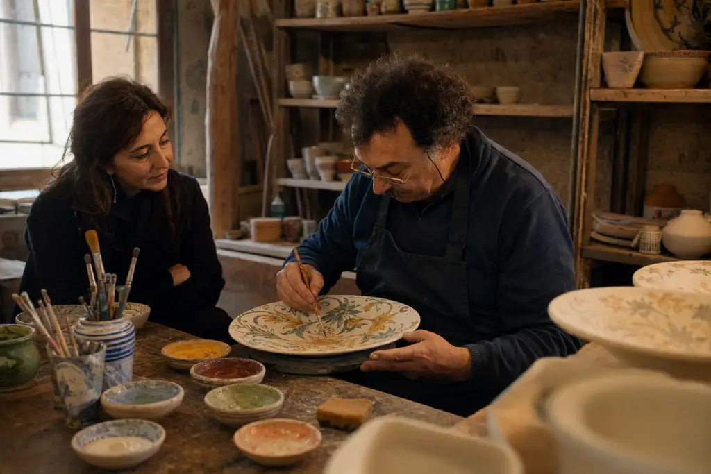 Ceramic artisan hand-painting traditional pottery in a Tuscan workshop