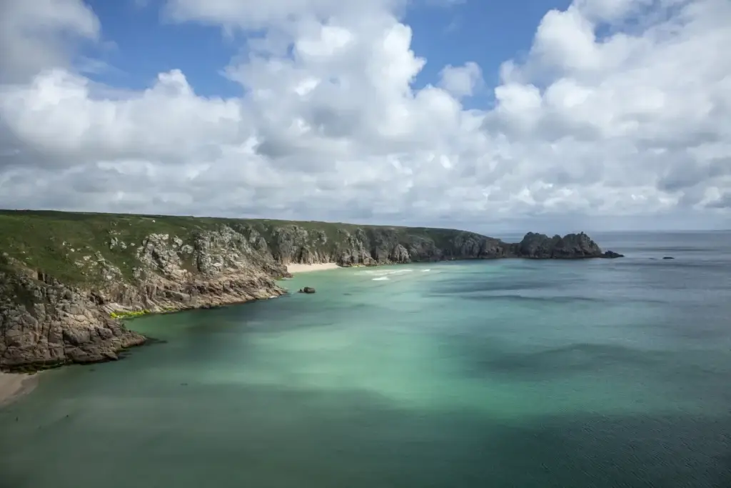 View of cliffs and coastline, Porthcurno, Cornwall, UK