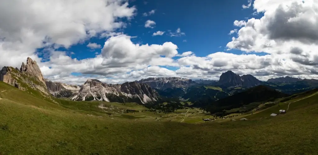 Wide mountain panorama from Seceda in the Italian Dolomites
