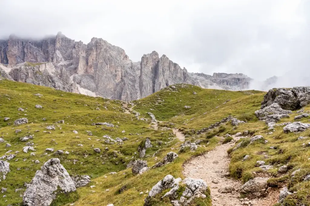 Rocky walking trail across a high Dolomites landscape