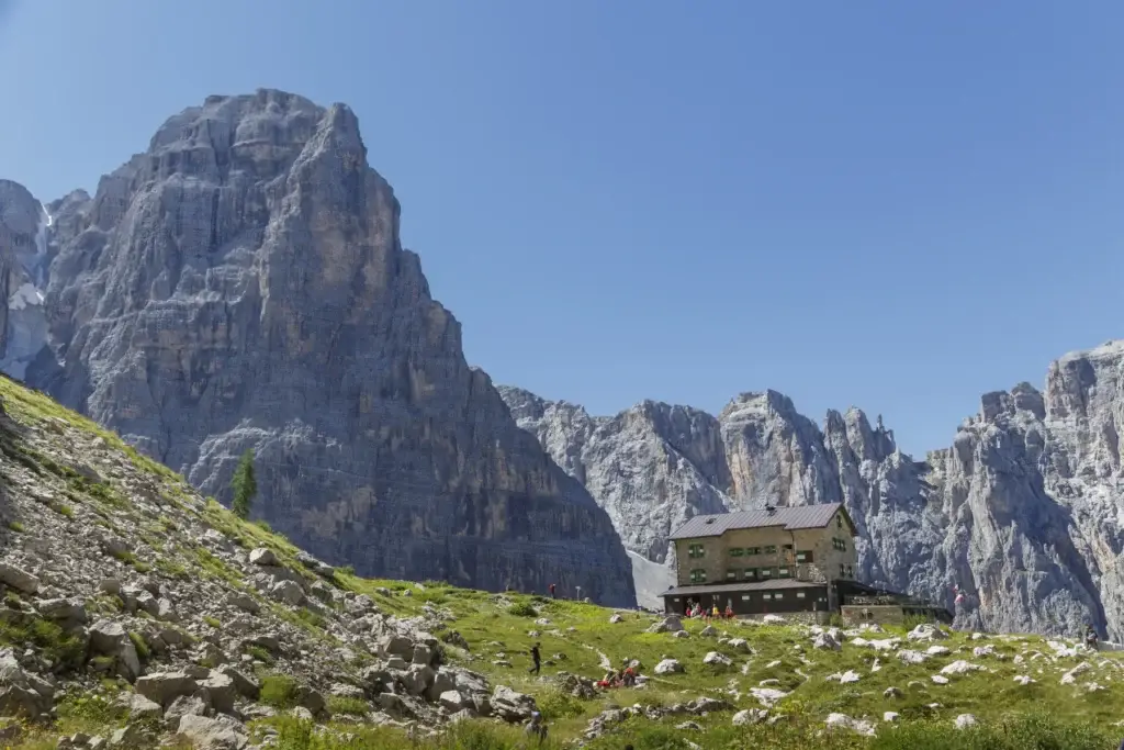Low angle view of mountain hut, Dolomites, Trentino Alto Adige, Italy