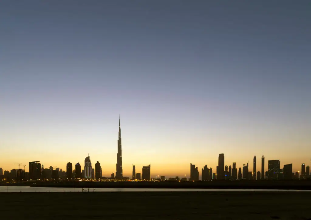 Dubai skyline at dusk with the Burj Khalifa