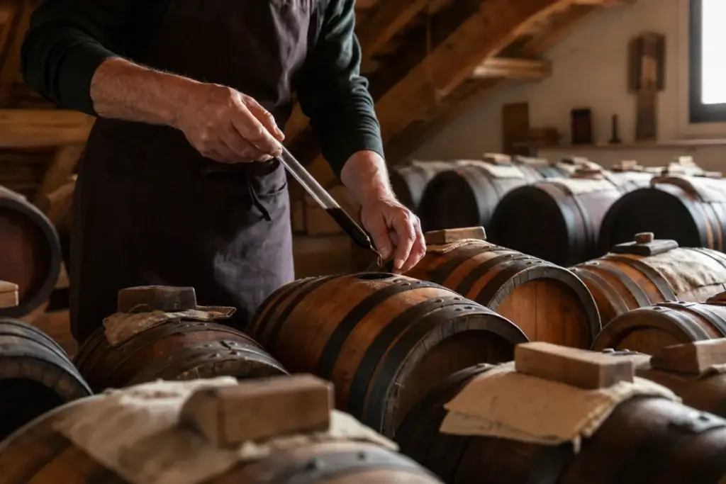 Artisan checking small wooden barrels in a non-specific Modena balsamic craft concept