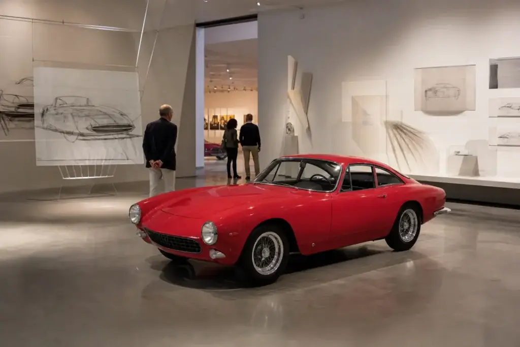 Vintage red sports-car form in a conceptual automotive-design gallery