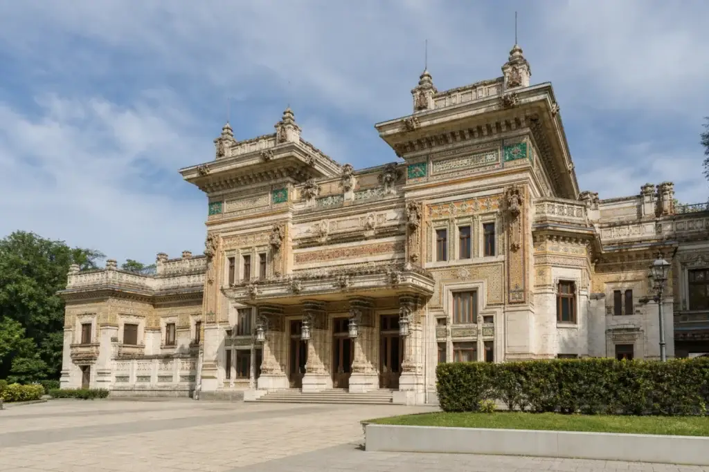 Decorated Liberty-style facade of a historic thermal building in Emilia-Romagna