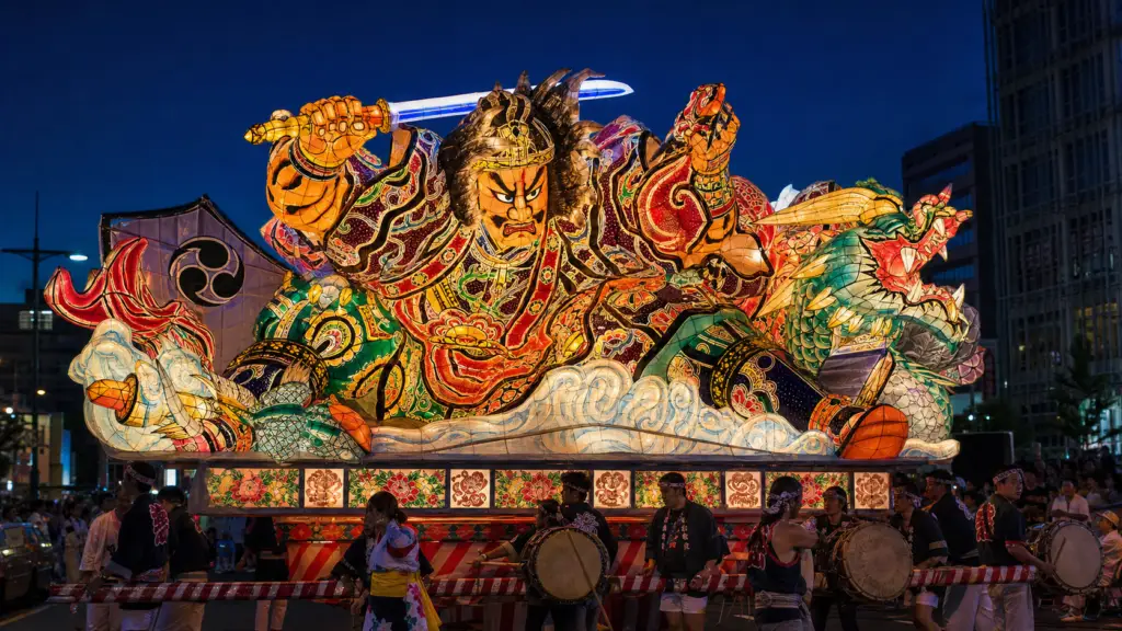 Illuminated Aomori Nebuta-style warrior float moving through a nighttime festival procession