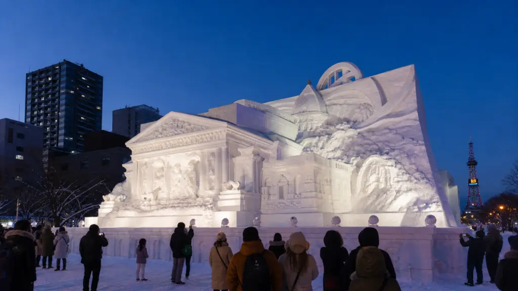 Monumental illuminated snow sculpture in Sapporo at winter twilight