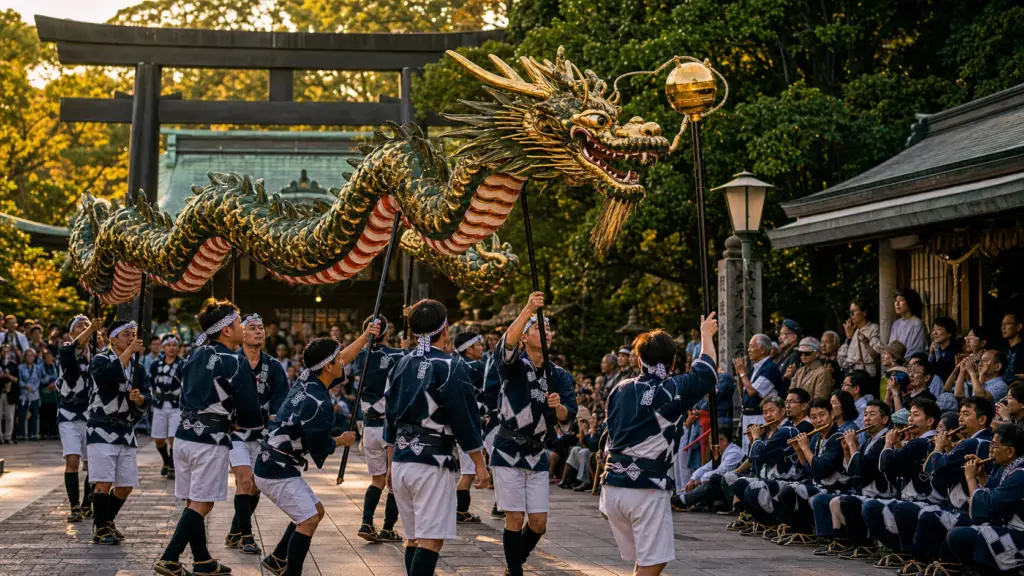 Ja Odori dragon dance performers and musicians in a Nagasaki festival setting