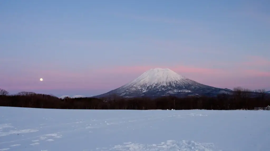 Snow-covered Mount Yotei in Hokkaido at dusk