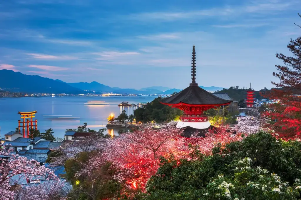 Miyajima island and pagoda framed by spring blossoms