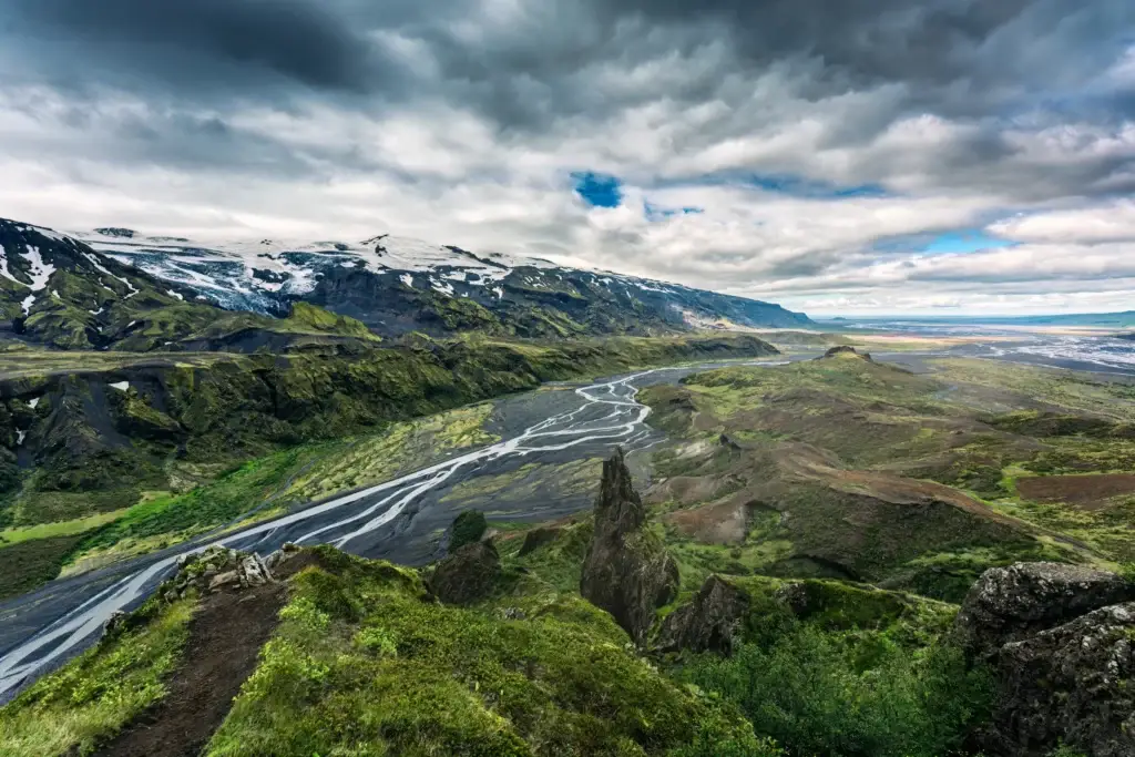 Braided glacial rivers and volcanic ridges seen from Valahnukur in Thorsmork