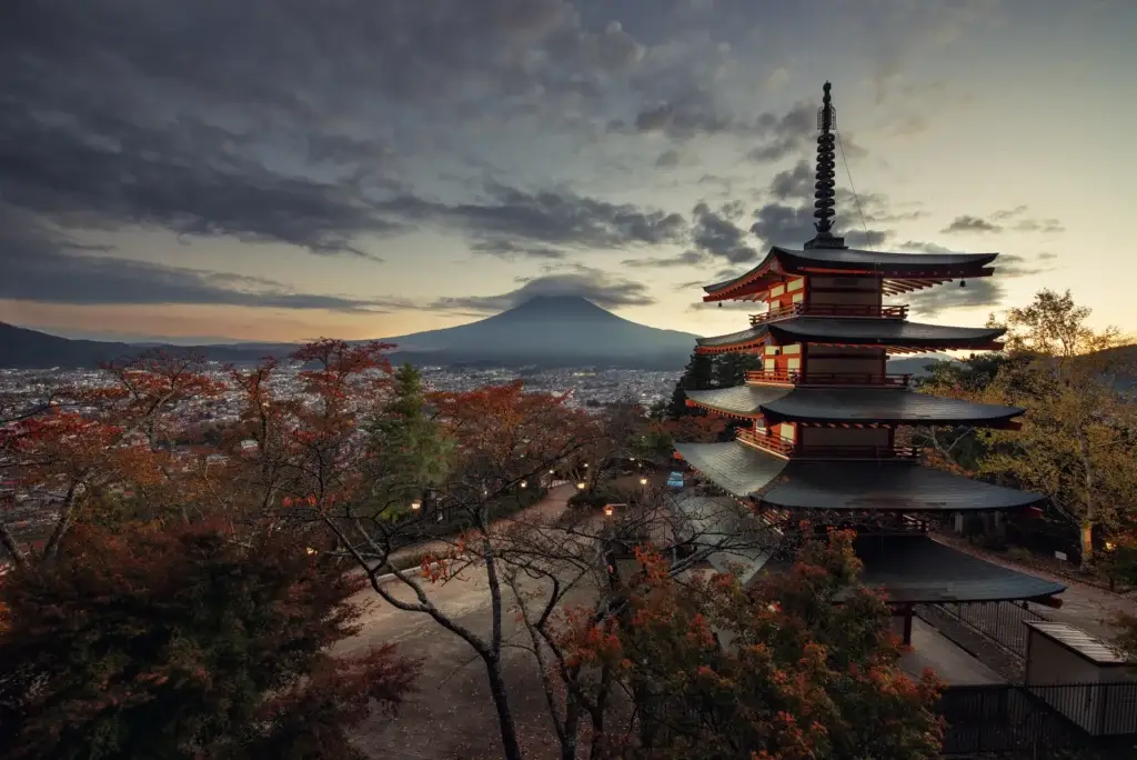Chureito Pagoda overlooking Mount Fuji and Fujiyoshida at dusk