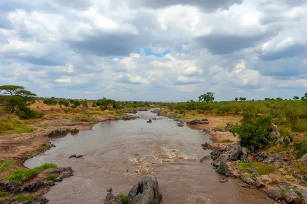 Savannah landscape with river in the National park of Kenya