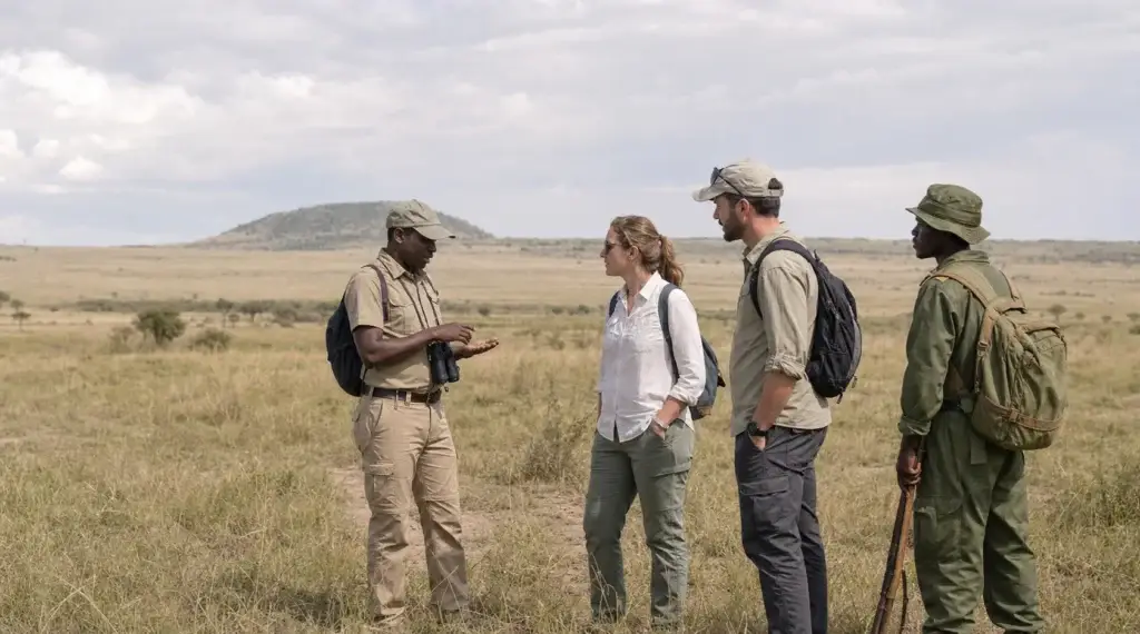 Local conservation guide and ranger leading a small walking safari in Kenya