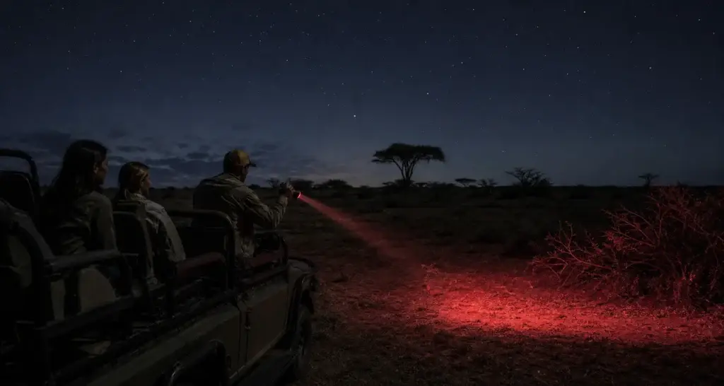 Responsible night safari using a low-impact red-filtered light in Kenya