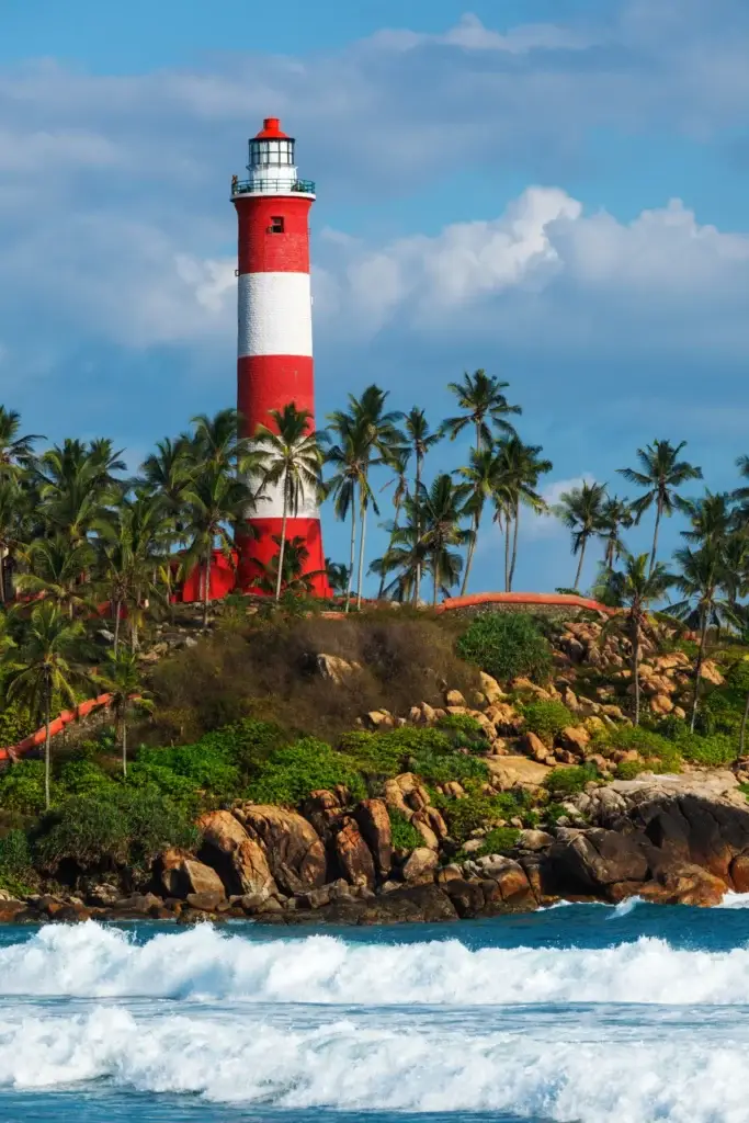 Red-and-white lighthouse above the palm-lined coast near Kovalam