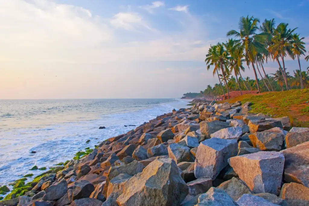 Palm-lined shoreline and Arabian Sea at Varkala Beach in Kerala
