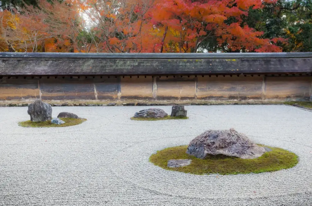 Raked gravel and stone garden at Ryoan-ji temple in Kyoto