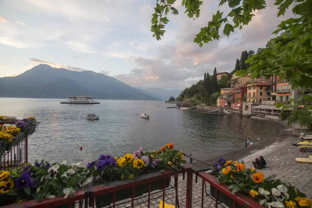 Varenna waterfront on Lake Como beneath the mountains
