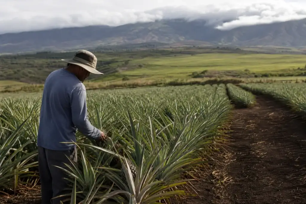 Grower inspecting pineapple plants on the lower slopes of Haleakala in Upcountry Maui