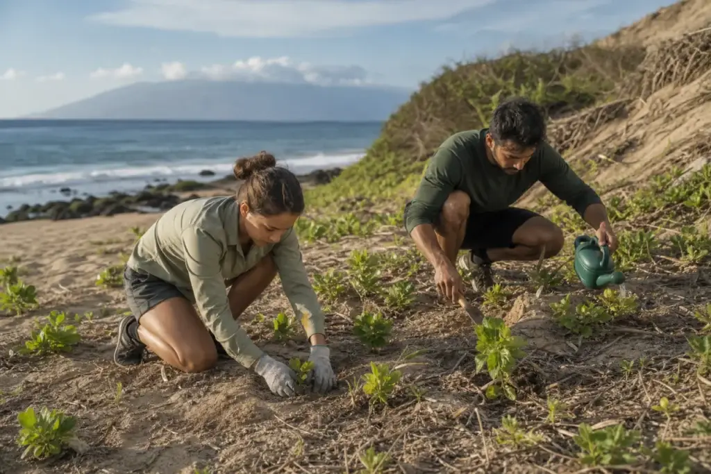 Two volunteers planting native groundcover beside a Maui shoreline