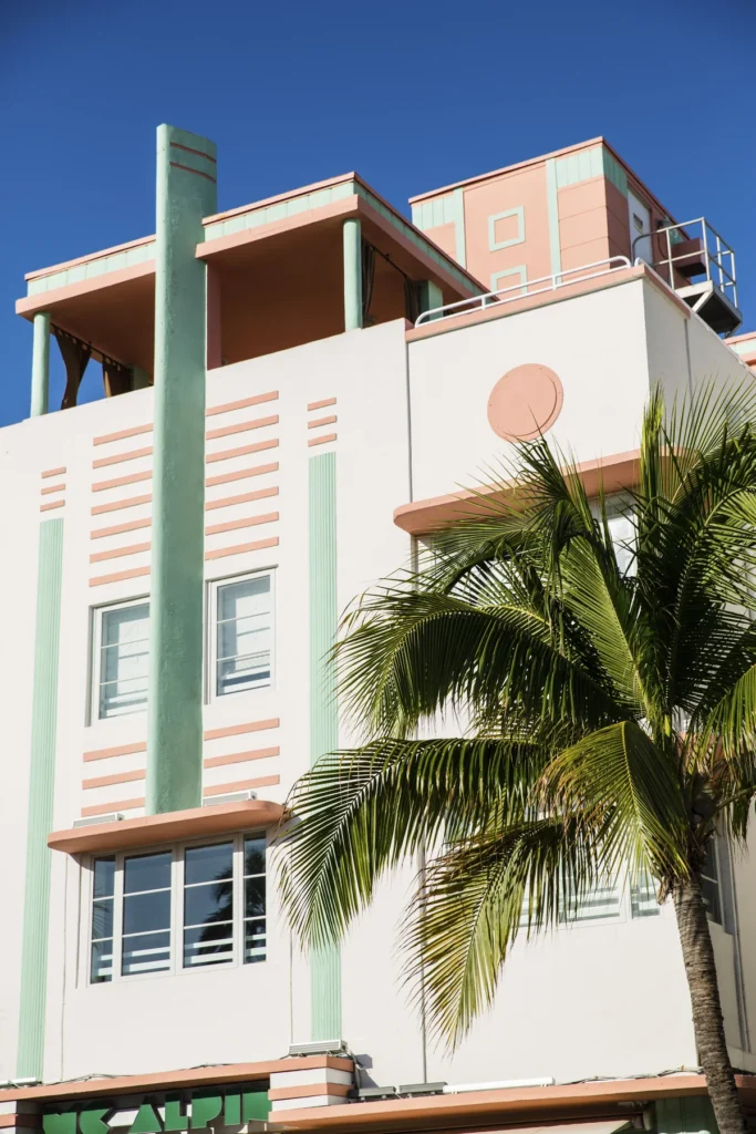 Art Deco architecture and a palm tree on Ocean Drive in Miami Beach
