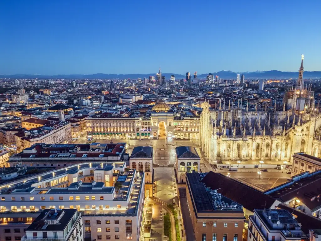 Milan skyline centered on the Duomo and surrounding city
