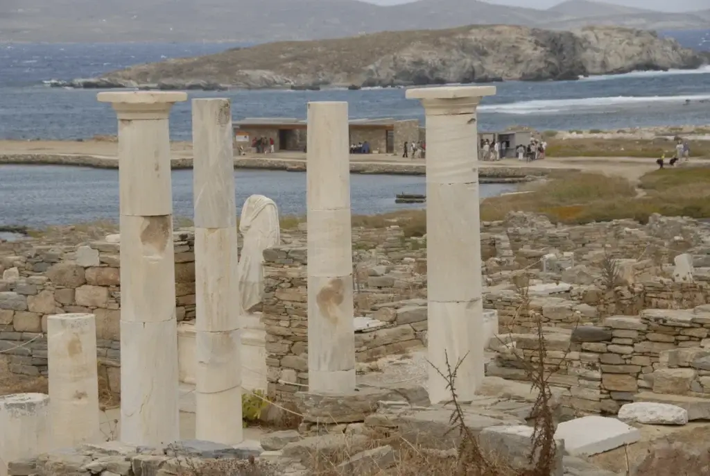 Archaeological ruins beside the coast on Delos, Greece
