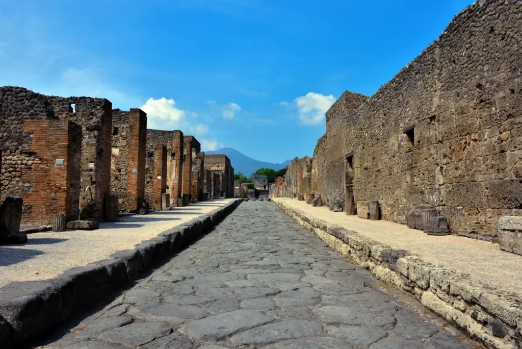 Ancient stone street and archaeological ruins at Pompeii