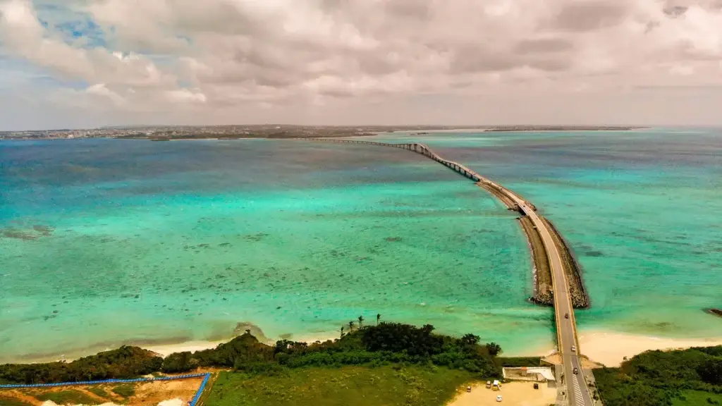 Aerial view of Kurima Bridge and turquoise water near Miyakojima, Okinawa