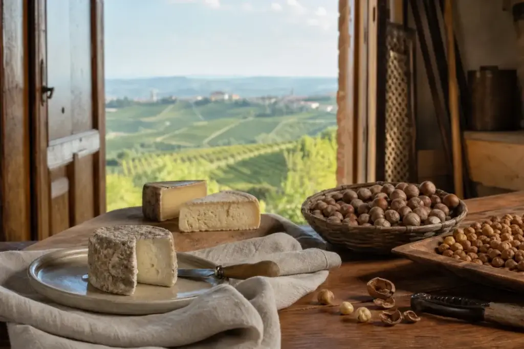 Artisanal cheese and Piedmont hazelnuts overlooking the Langhe hills