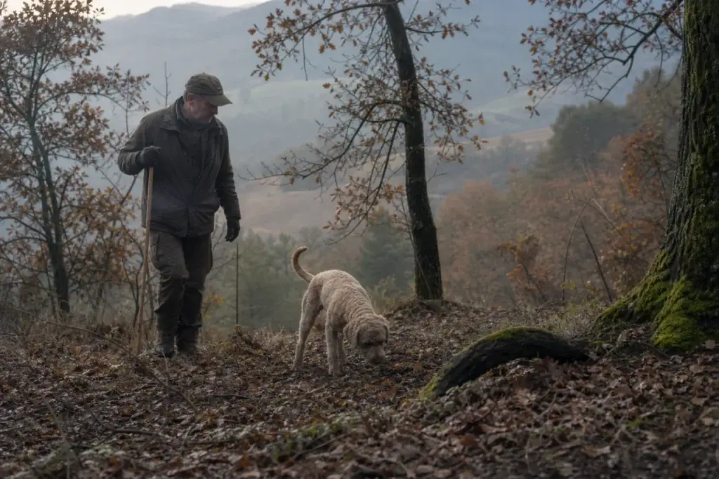 Truffle handler and trained dog searching autumn woodland in the Langhe