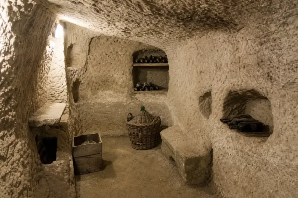 Hand-excavated pale-stone infernot used for rural storage in Monferrato