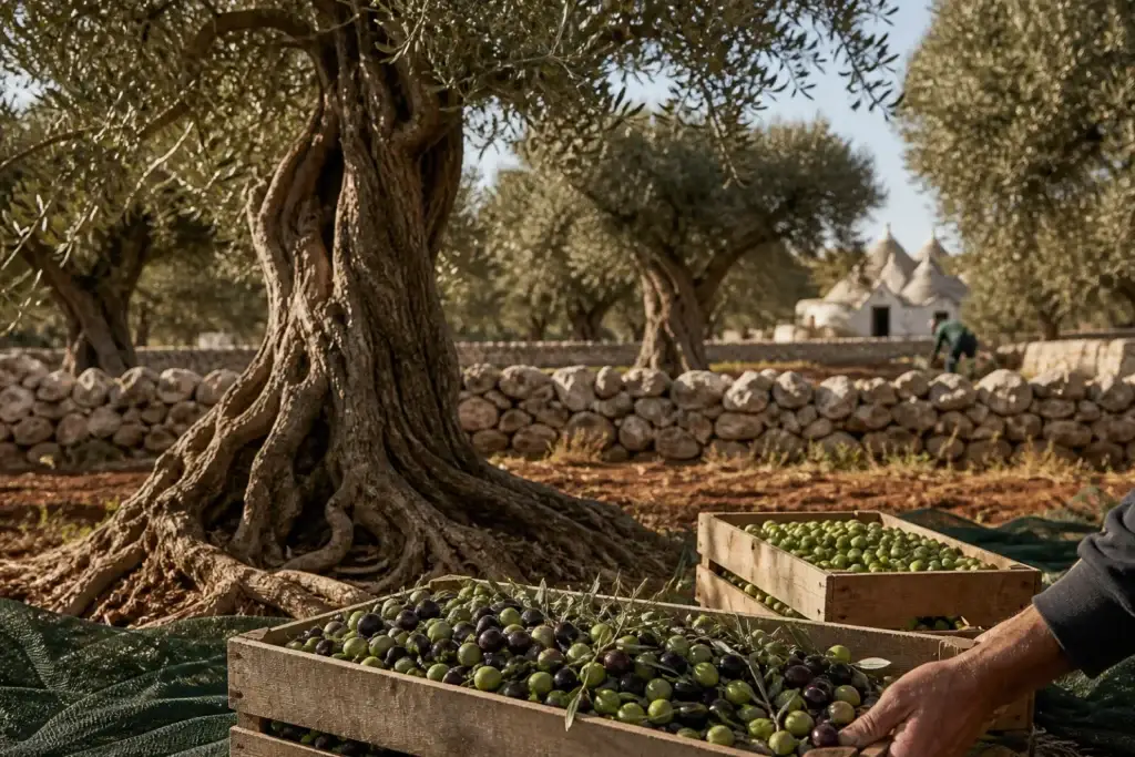 Ancient olive grove, gathered olives and distant trulli in Puglia