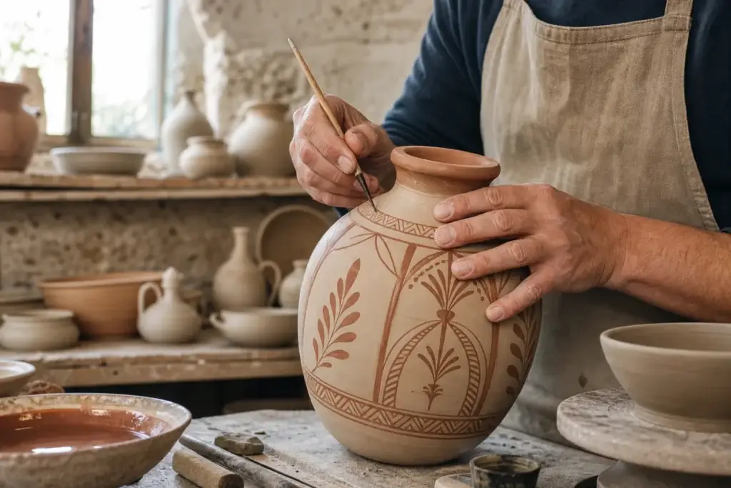 Artisan painting a terracotta vessel in a Puglian ceramics workshop