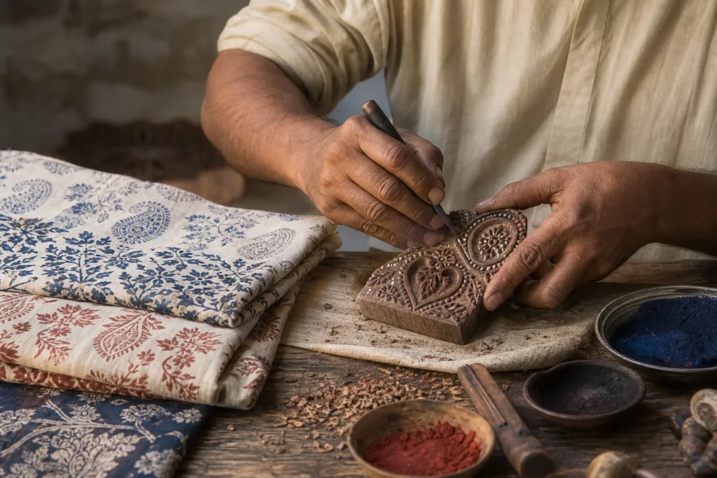 Illustration of an artisan carving a wooden textile-printing block beside patterned fabrics