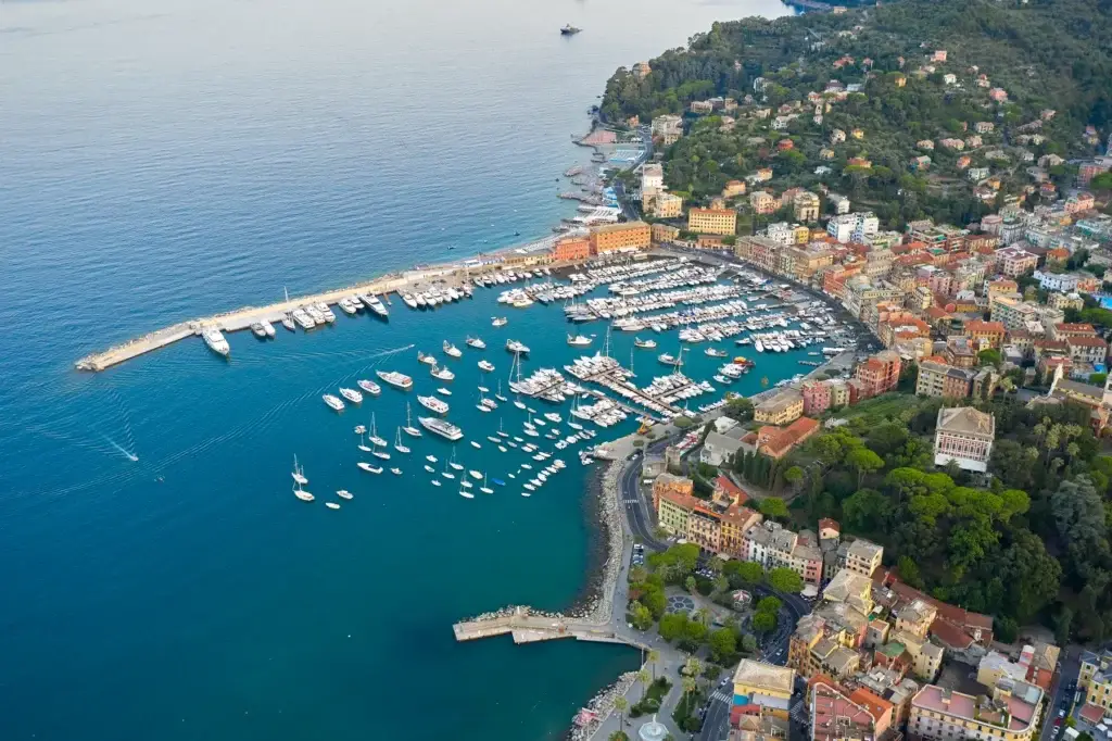 Aerial view of Santa Margherita Ligure harbor and waterfront on the Italian Riviera