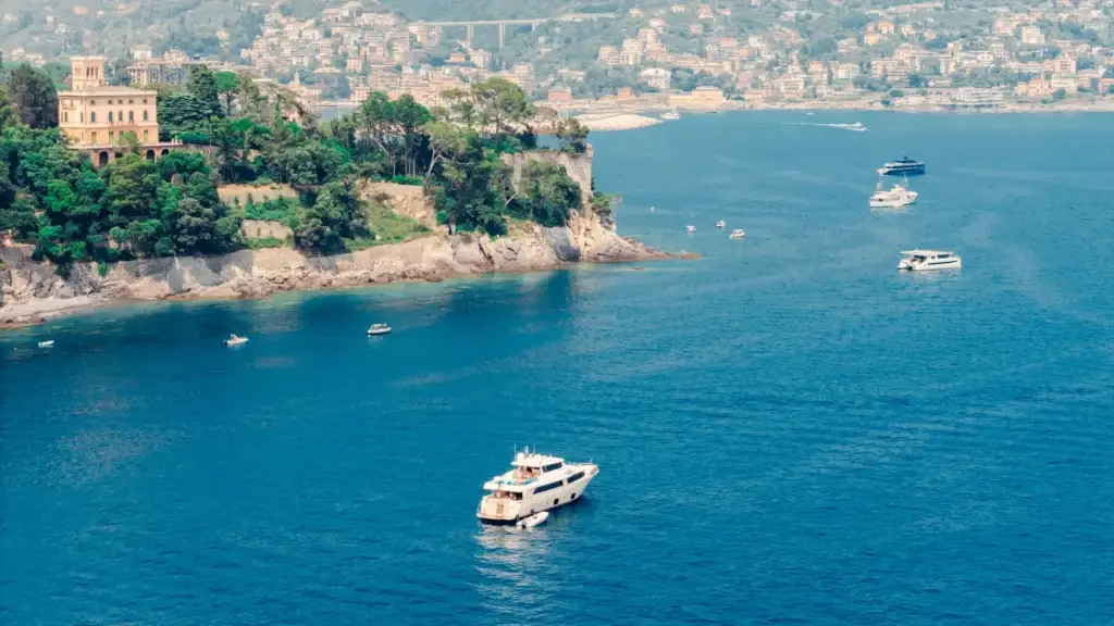 Luxury yacht sailing near Camogli along the Ligurian coastline