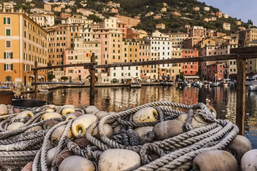 Fishing nets and harbour, Camogli, Liguria, Italy