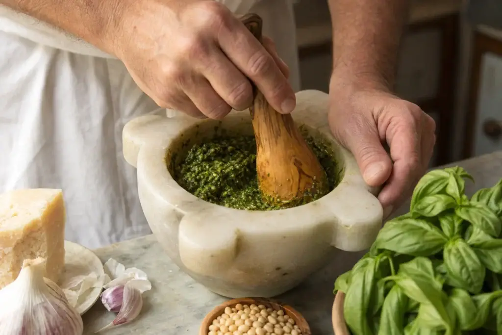 Hands preparing Ligurian pesto with basil in a marble mortar
