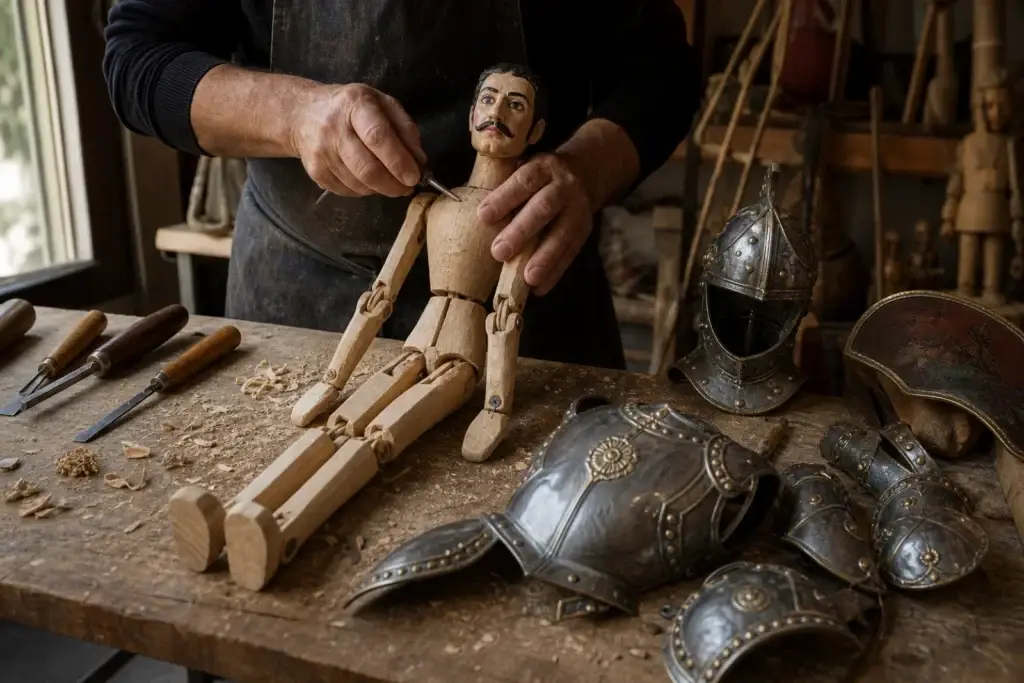 Artisan assembling a traditional Sicilian rod puppet in a workshop