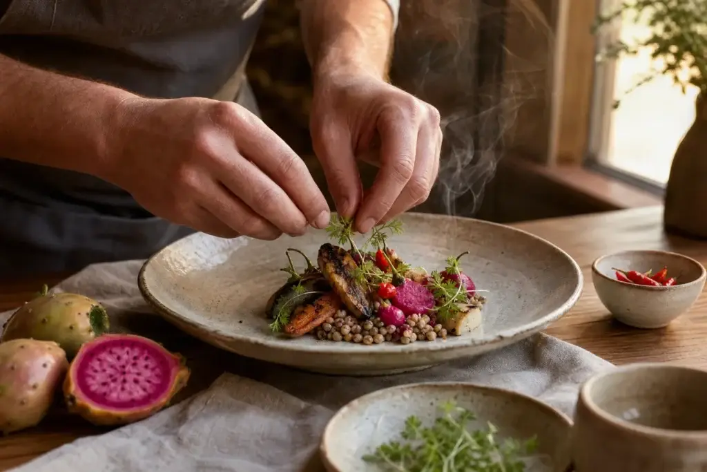 Private chef finishing a contemporary Sonoran-inspired plate with prickly pear and desert ingredients