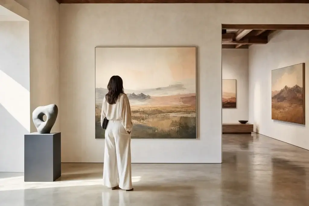 A traveler viewing original desert-inspired contemporary art in a quiet Scottsdale-style gallery