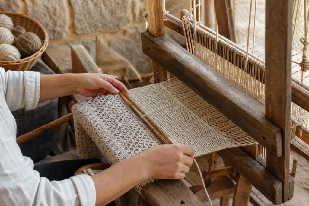 Artisan weaving a natural-fiber textile on a wooden loom in Gallura