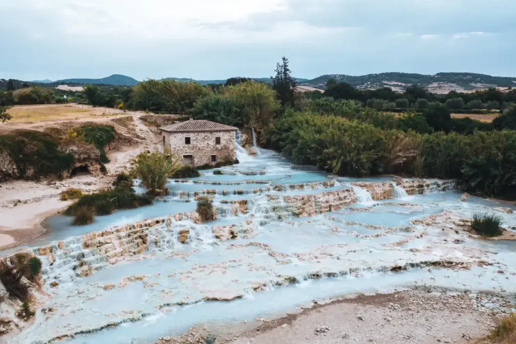 Natural thermal water and travertine formations at Saturnia in Tuscany